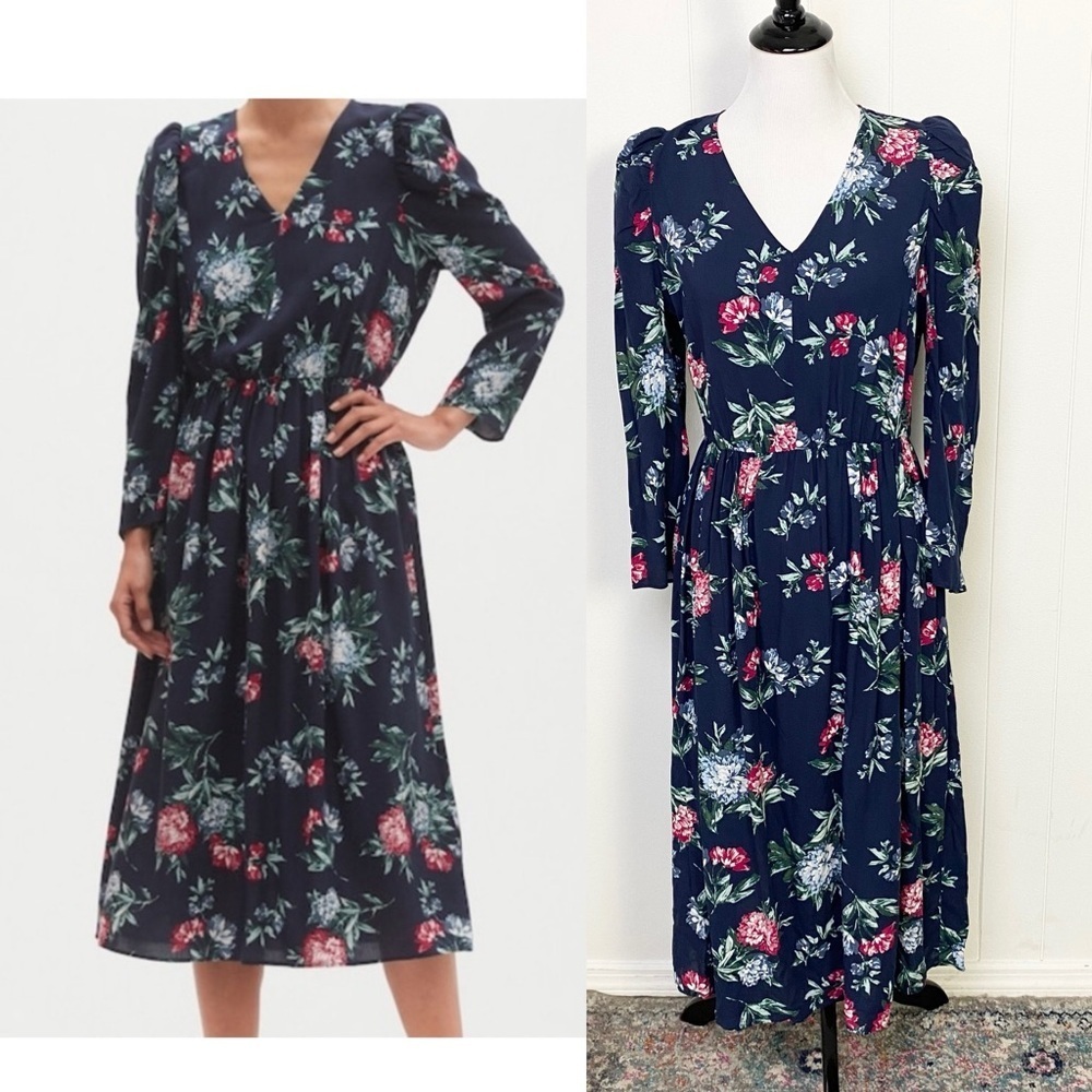 Banana‎ Republic Navy Blue Puff Sleeve Floral Midi Fit & Flare Dress V-Neck Sz S